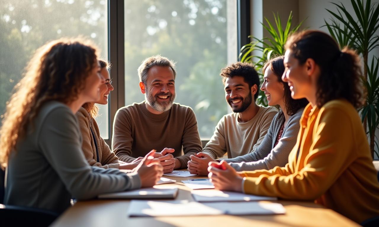 Diverse group of adults (35+) smiling and collaborating in a bright, modern setting, symbolizing connection and growth.