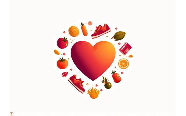 A stylized anatomical heart surrounded by healthy lifestyle elements like fruits and running shoes, symbolizing cardiovascular wellness.