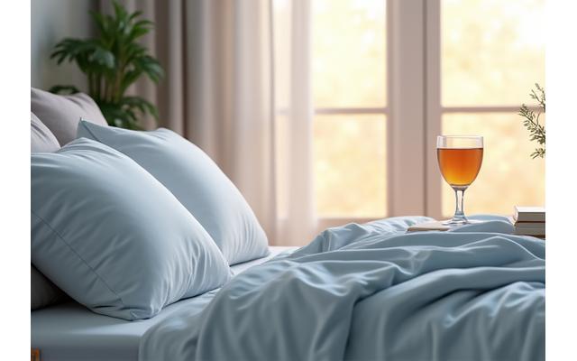 A peaceful bedroom scene with soft lighting, illustrating good sleep hygiene for restorative rest.
