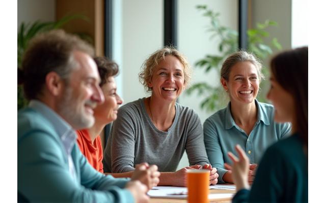Diverse group of adults engaged in a wellness workshop, laughing and learning.